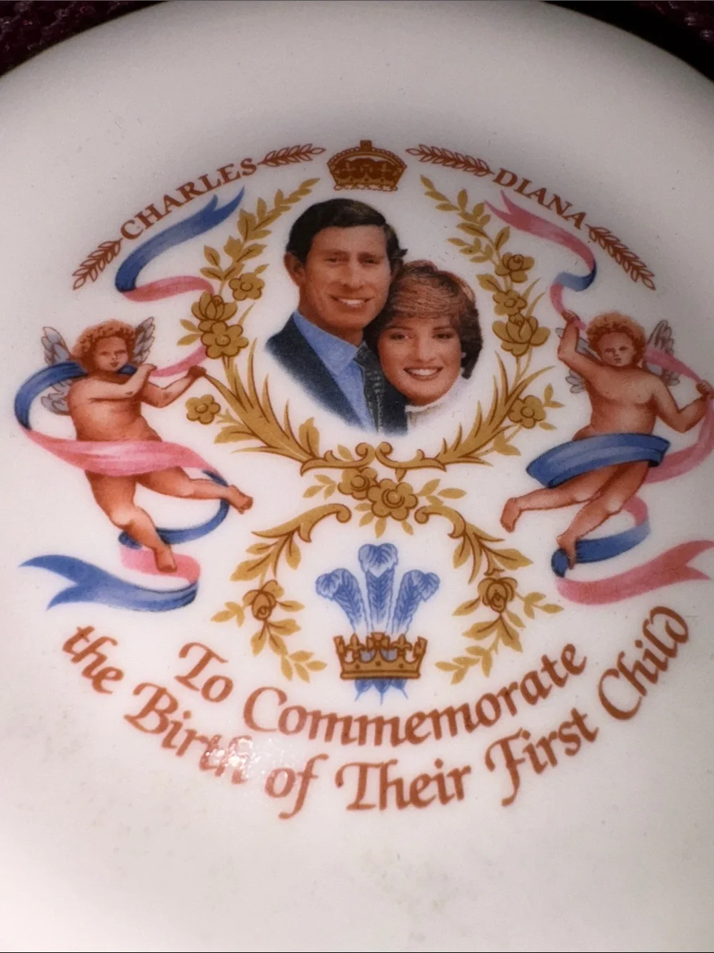 Charles and Diana Commemorate First Child Plate in White and Gold Trim 4 1/4”
